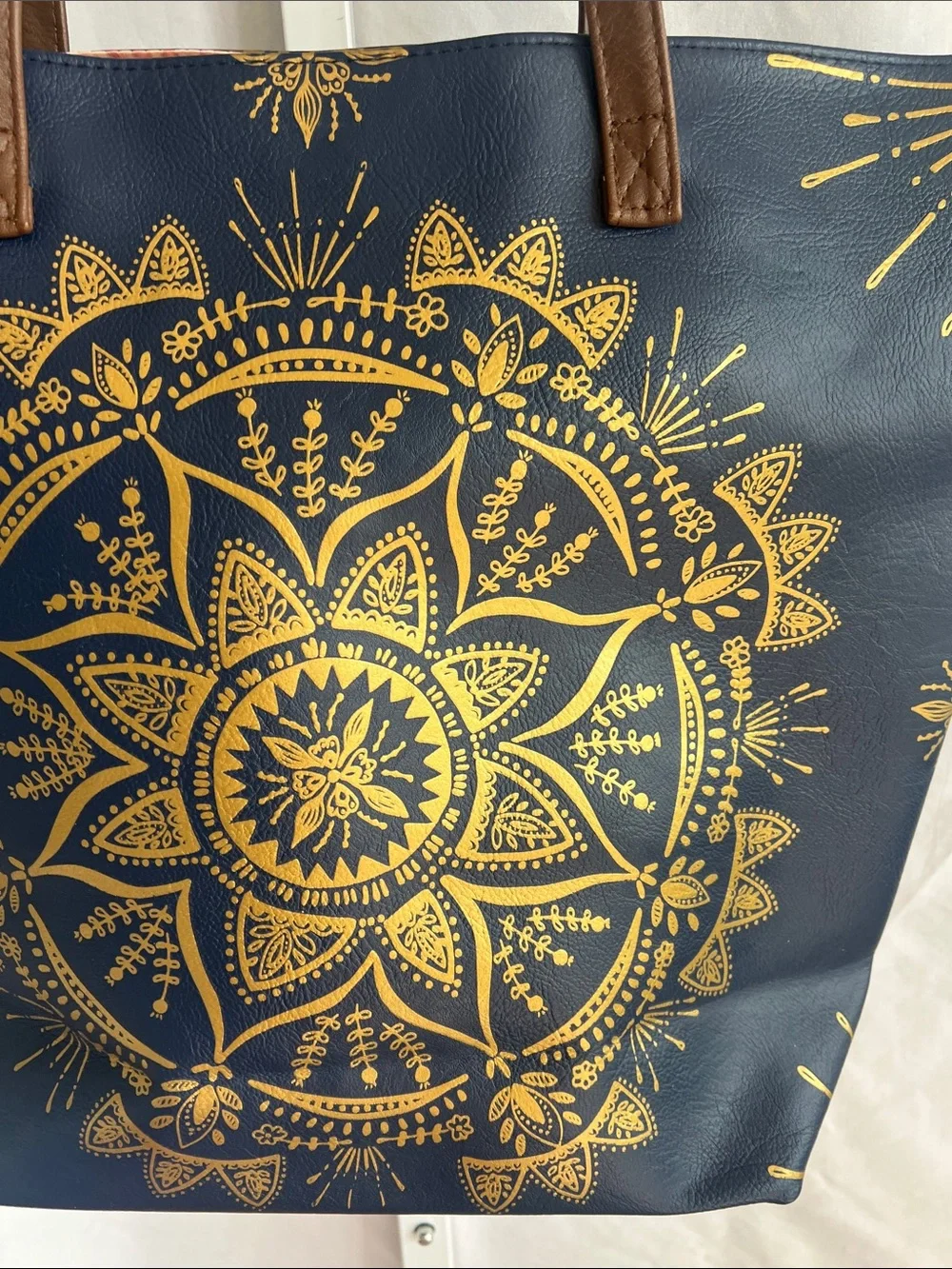 Papaya Navy Tote with Gold Mandala and Brown Straps Pink Satan Lined